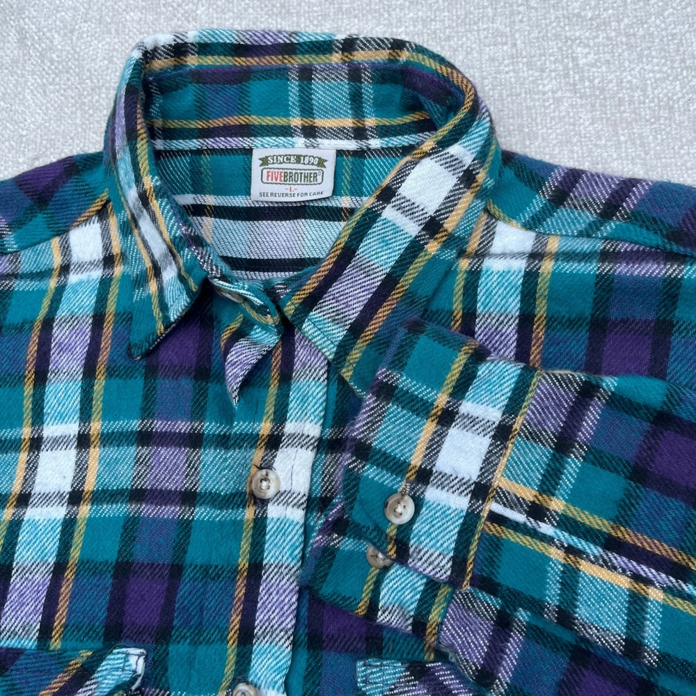 Five Brother Flannel Shirt Large Mens Teal Purple Plaid Heavy Button Down L
